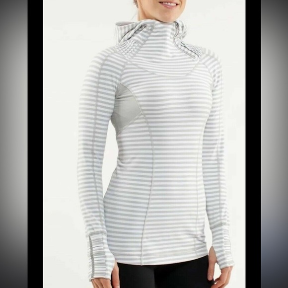 lululemon athletica Tops - Lululemon Run: Back On Track Pullover
White & Silver Stripe lightweight hoodie